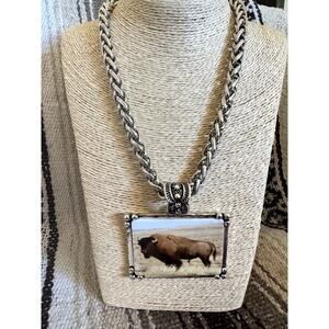 Western Buffalo Bison Necklace Silver Chain Cowgirl Statement